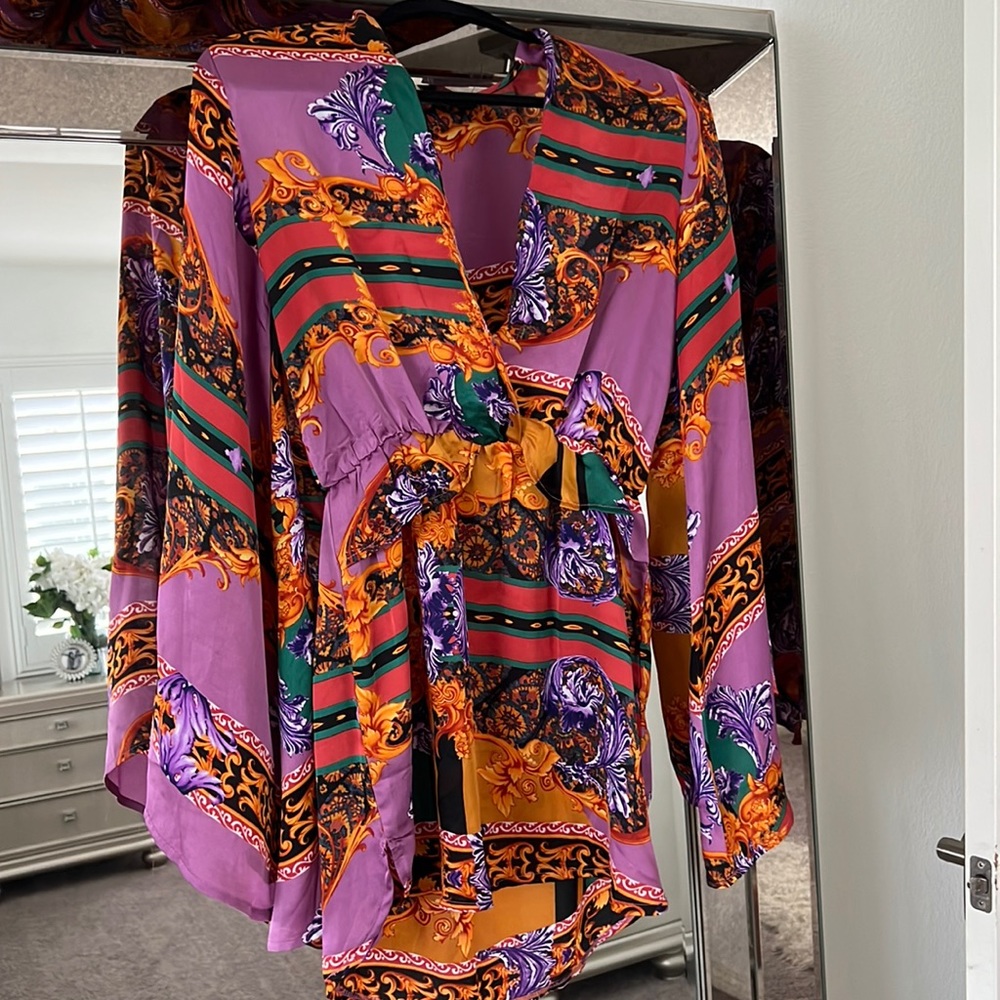 Multi color plunge neck line dress